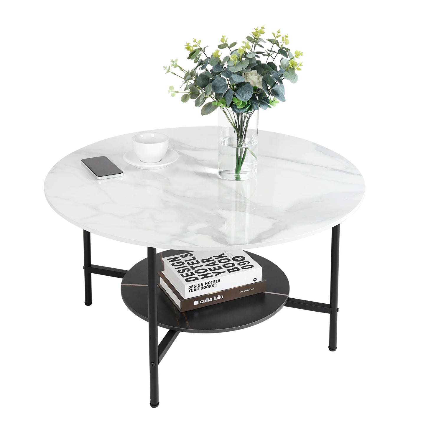 2 Tier Round Coffee Table Sintered Stone With Metal Frame