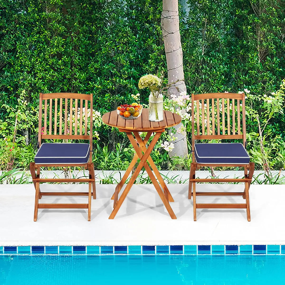 3 Piece Patio Bistro Set Acacia Wood With Folding Round Table Cushions Outdoor