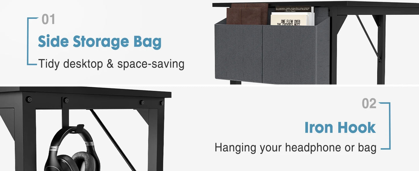 JHK Computer Desk Study Table With Side Bag And Headphone Hook Easy Assembly
