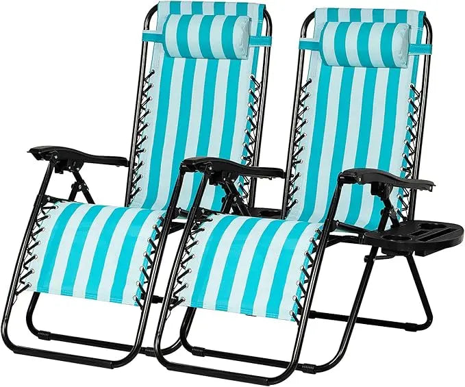 Set of 2 Adjustable Zero Gravity Lounge Chairs With Cup Holder and Pillow