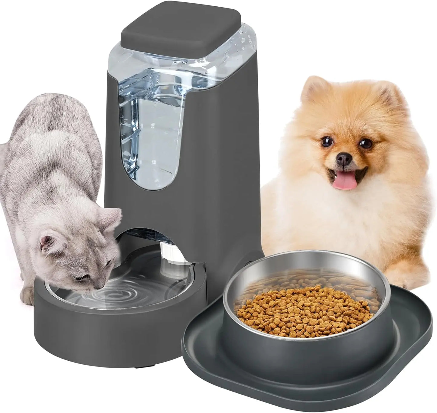 2 Pack Automatic Pet Feeder and Water Dispenser Set Gray 1 Gallon Each