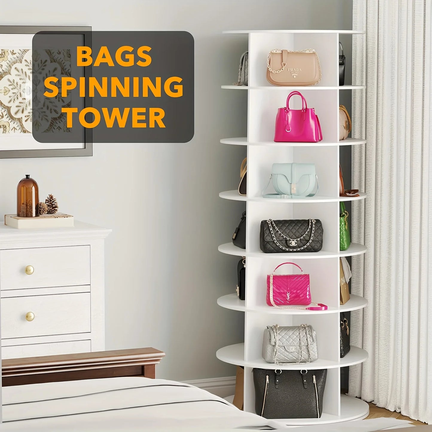 7 Tier Spinning Shoe Rack 360 Degree Rotating Vertical Carousel Storage White