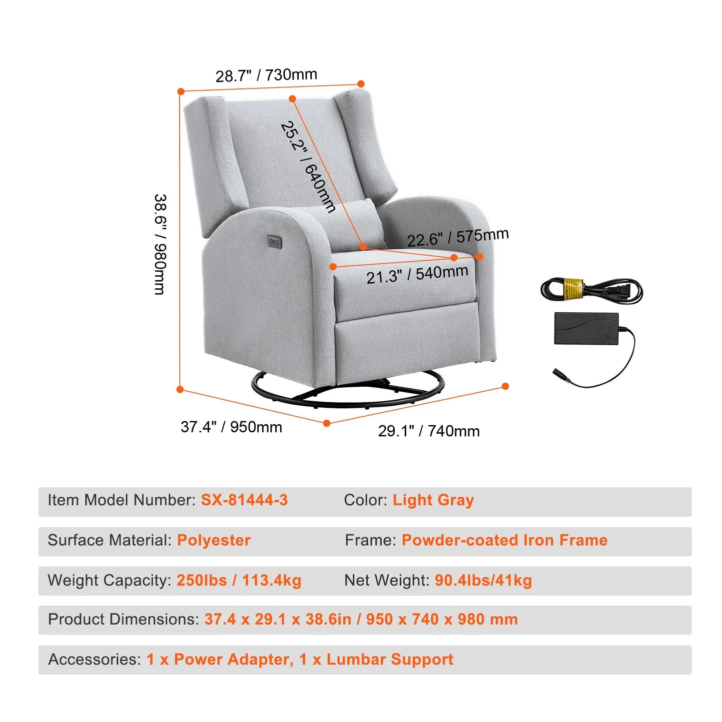 SucceBuy Electronic Power Recliner With USB Port Swivel Glider 250 Lb