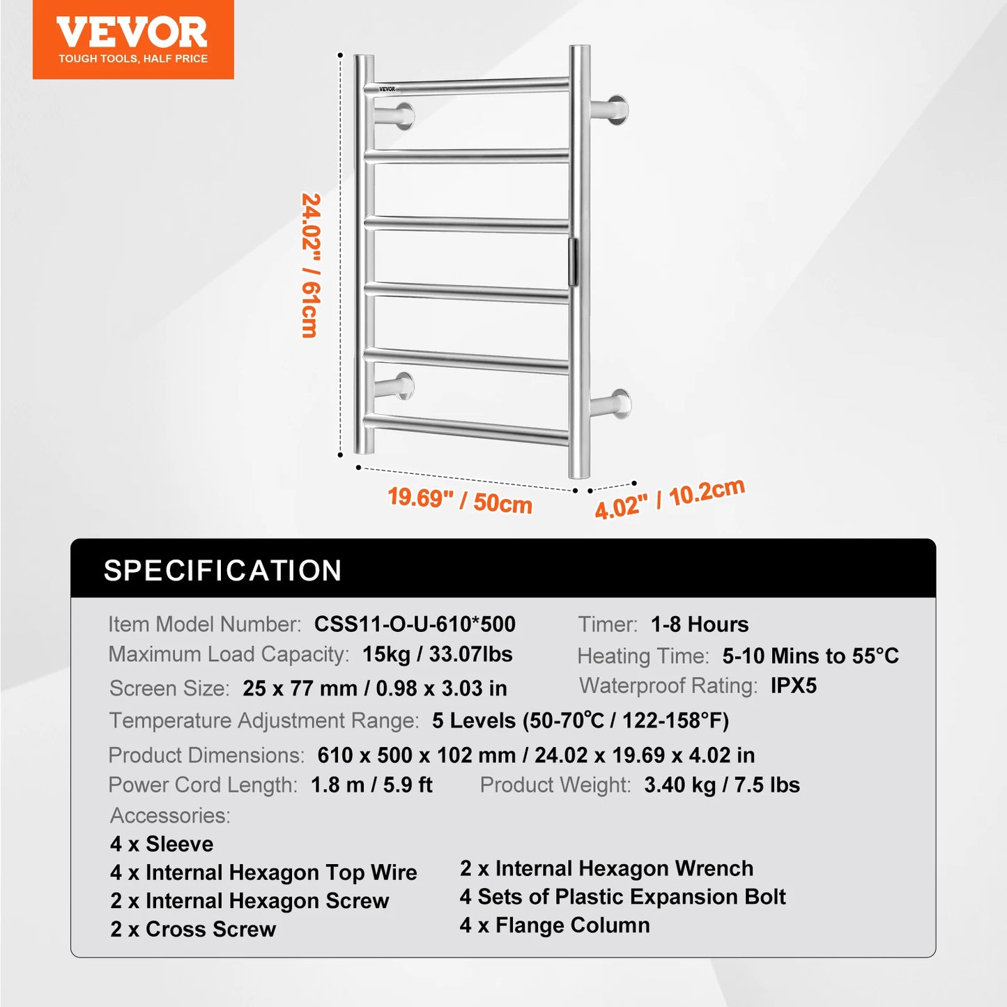 SucceBuy Wall Mounted Towel Warmer Rack 5 Levels IPX5