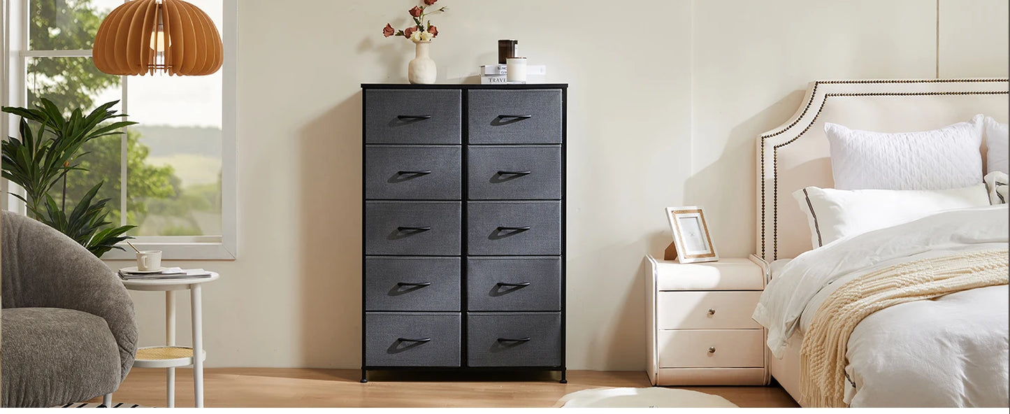 JHK Bedside Table With 10 Fabric Drawers Steel Frame