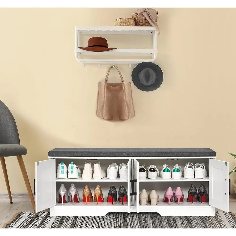 2-Tier Storage Bench With Padded Seat Cushion Entryway Barn Door Shelves