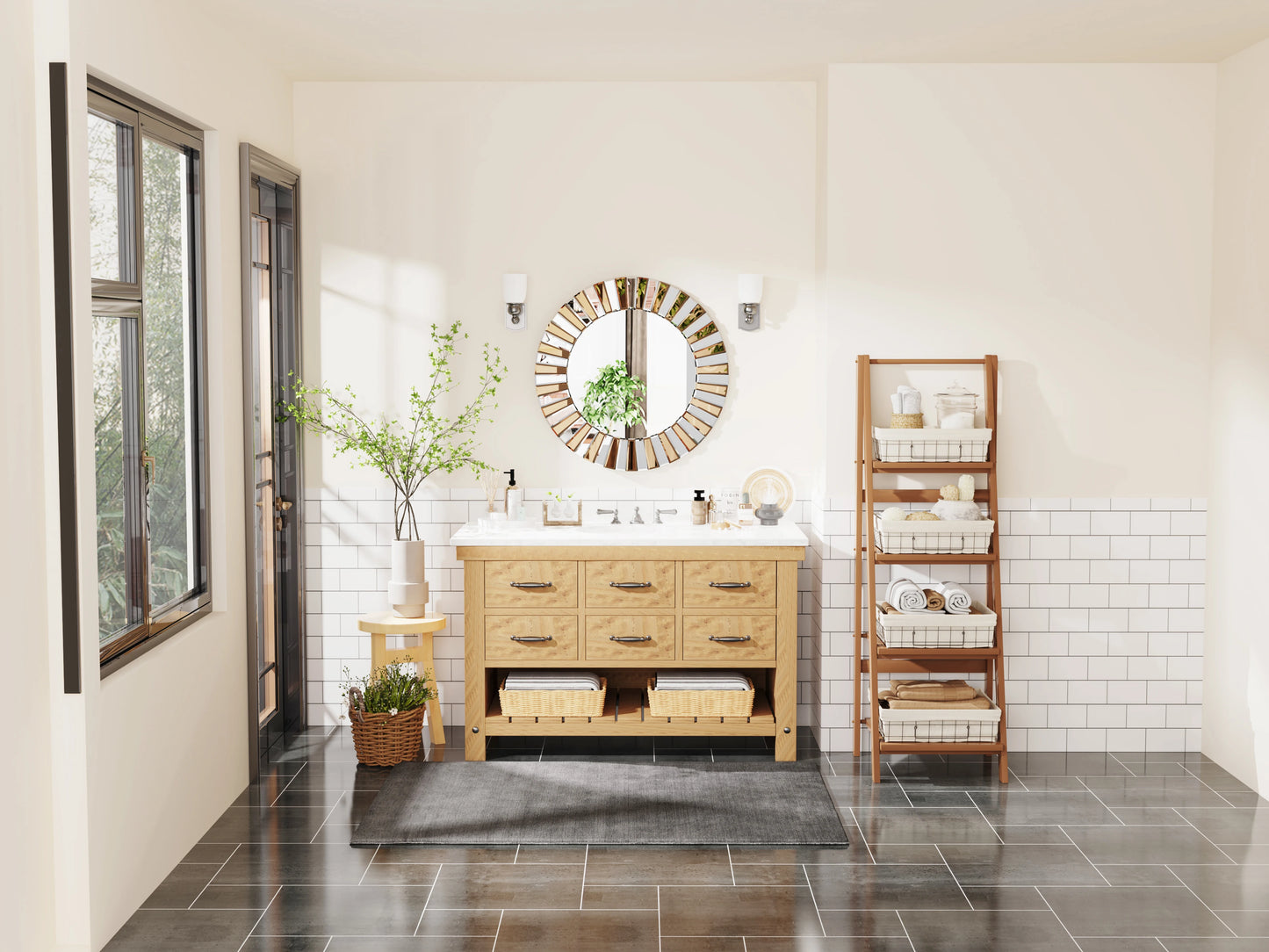Decorative Round Sunburst Wall Mirror Beveled Edge Glass Bathroom Vanity Hanging Accent Mirror for Living Room