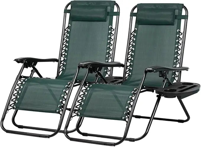 Set of 2 Adjustable Zero Gravity Lounge Chairs With Cup Holder and Pillow