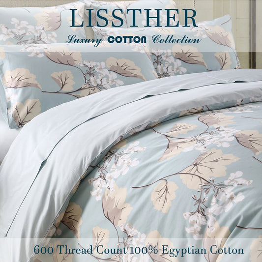 3Pc 600TC Egyptian Cotton Duvet Cover Set Blue Floral Leaves