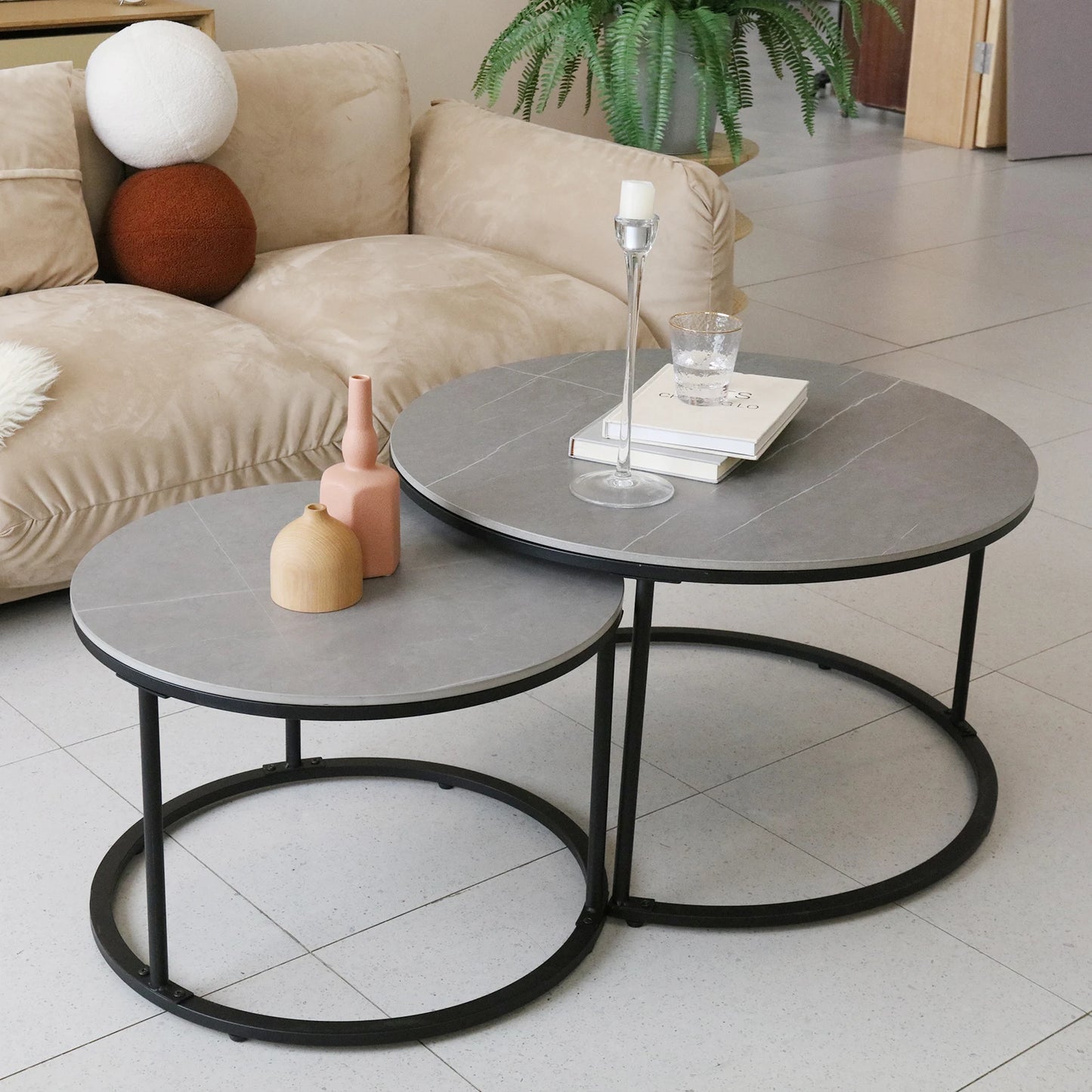 Modern Nesting Grey Marble Top Coffee Table Set Metal Legs