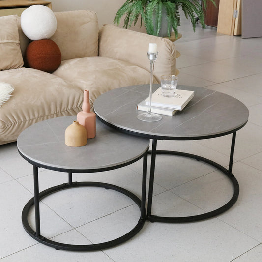 Modern Nesting Grey Marble Top Coffee Table Set Metal Legs