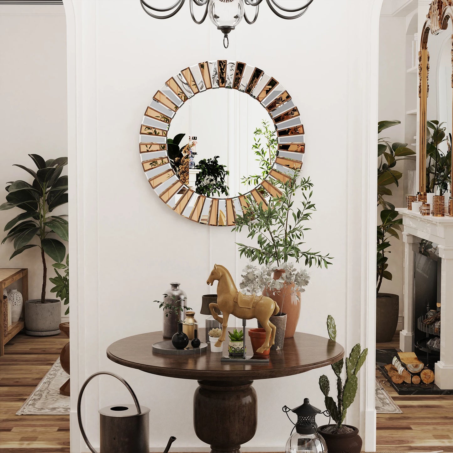 Decorative Round Sunburst Wall Mirror Beveled Edge Glass Bathroom Vanity Hanging Accent Mirror for Living Room