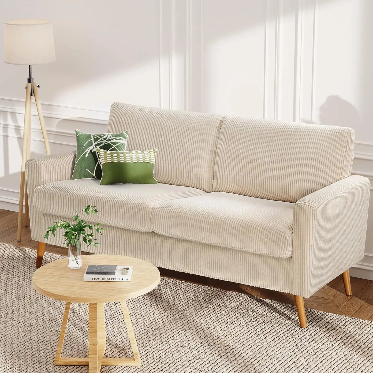 68 Inch Beige Corduroy Loveseat Sofa Mid Century Modern Small Love Seat