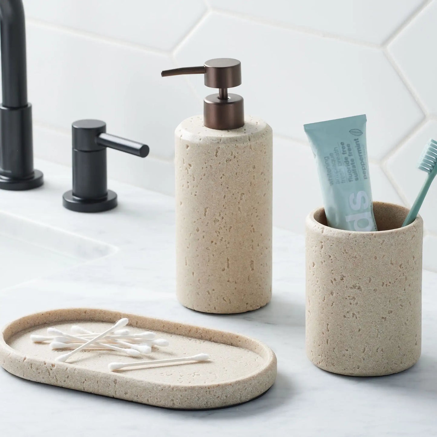 Faux Stone Toothbrush Holder Ceramic Cup Toothpaste Organizer