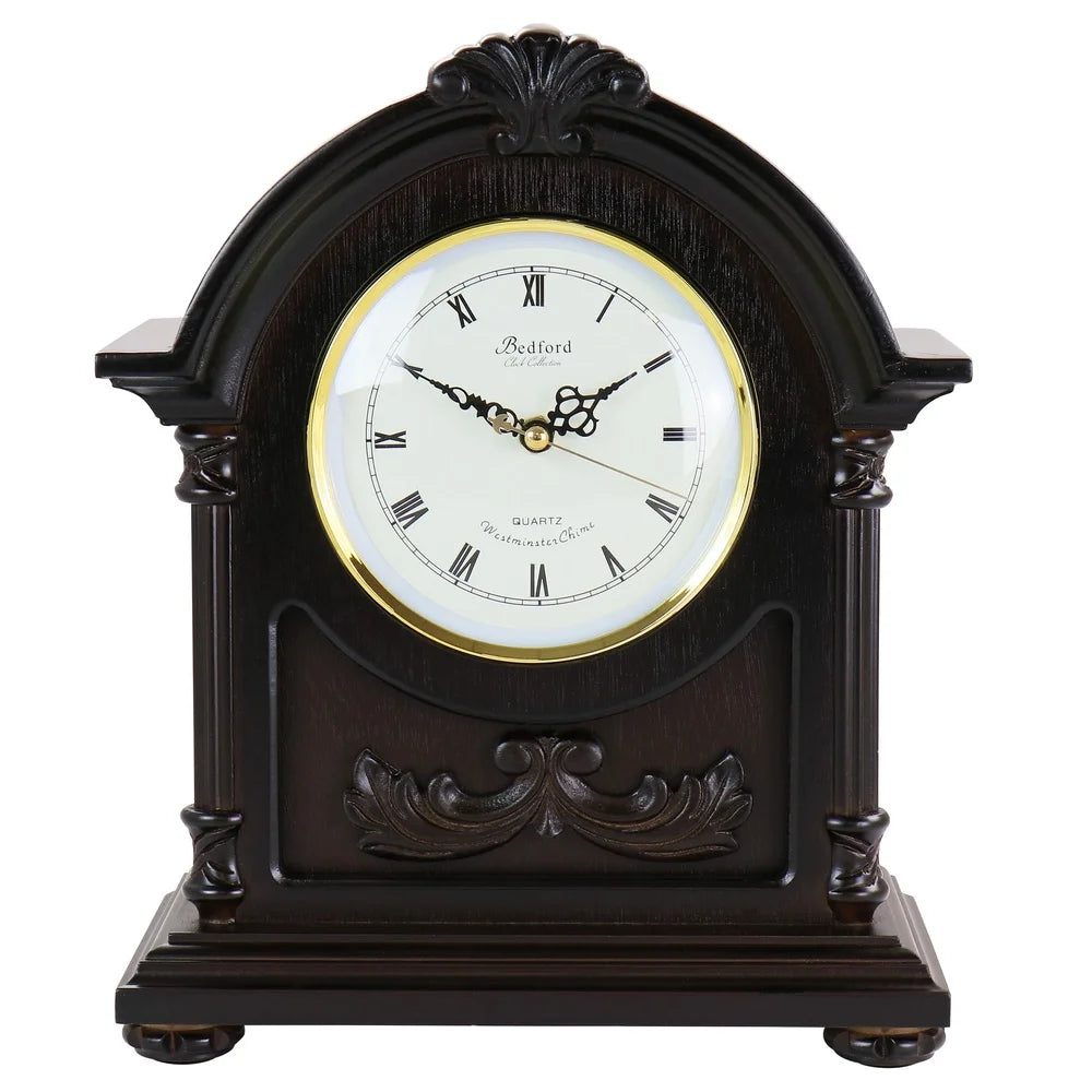 Chocolate Wood Mantel Clock with Chimes Four Chime Modes Volume Toggle Classic Roman Numerals Cozy Home Decor Battery Operated