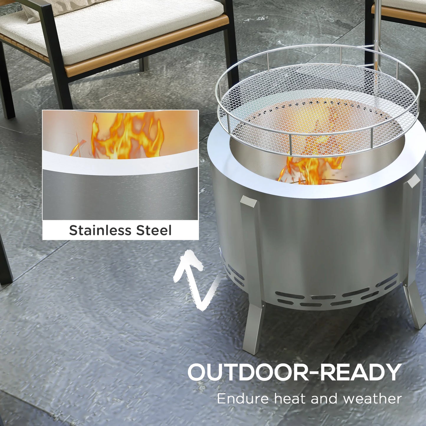 Outsunny Smokeless Fire Pit BBQ Grill Poker Stainless Steel