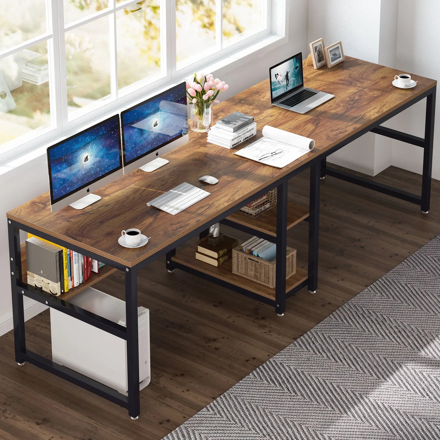 Tribesigns Two Person Desk With Bookshelf 78.7 Inch Rustic Double Computer Desk