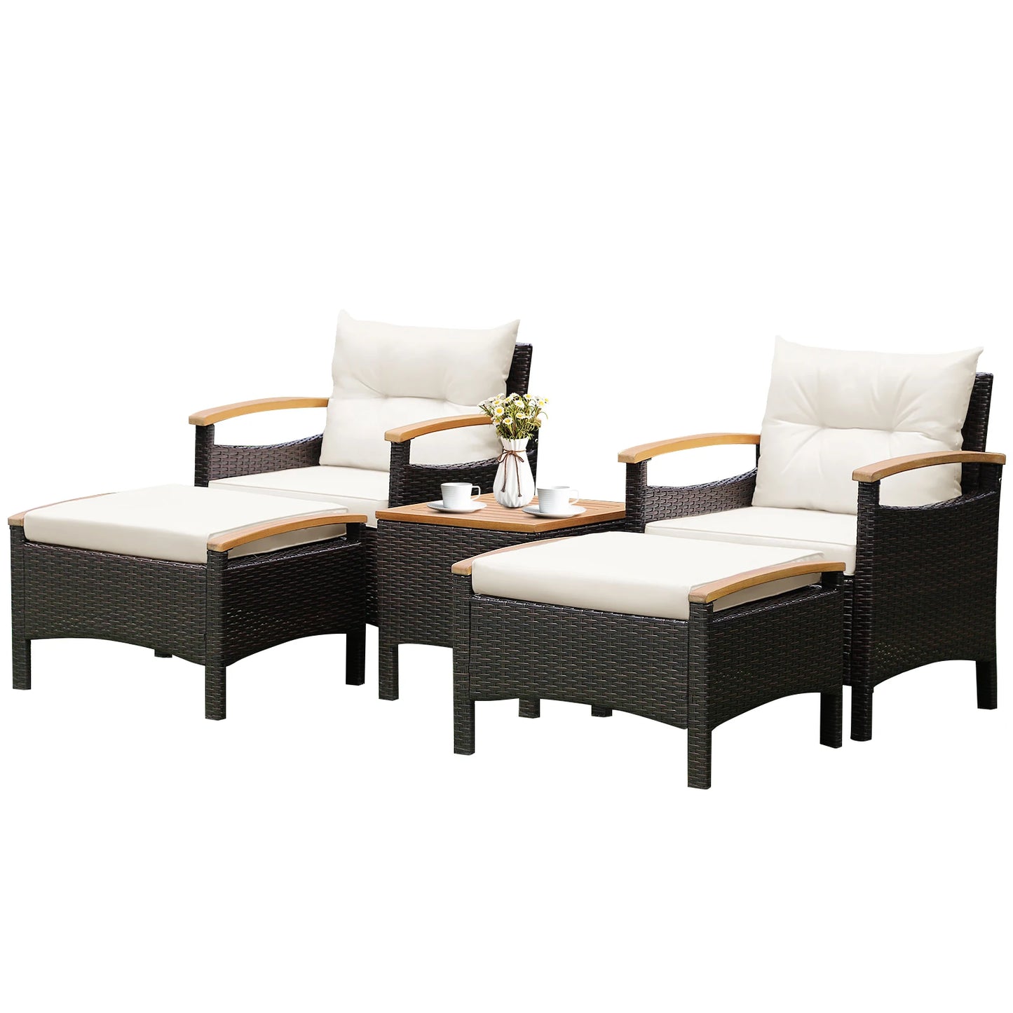 5 Piece Patio Rattan Furniture Set Sofa Ottoman Cushioned Table With Wood Top