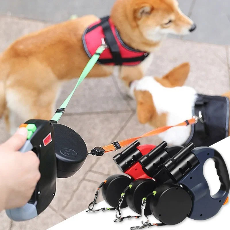 3In1 Double Head Retractable Dog Leash With Flashlight Poop Bag Dispenser