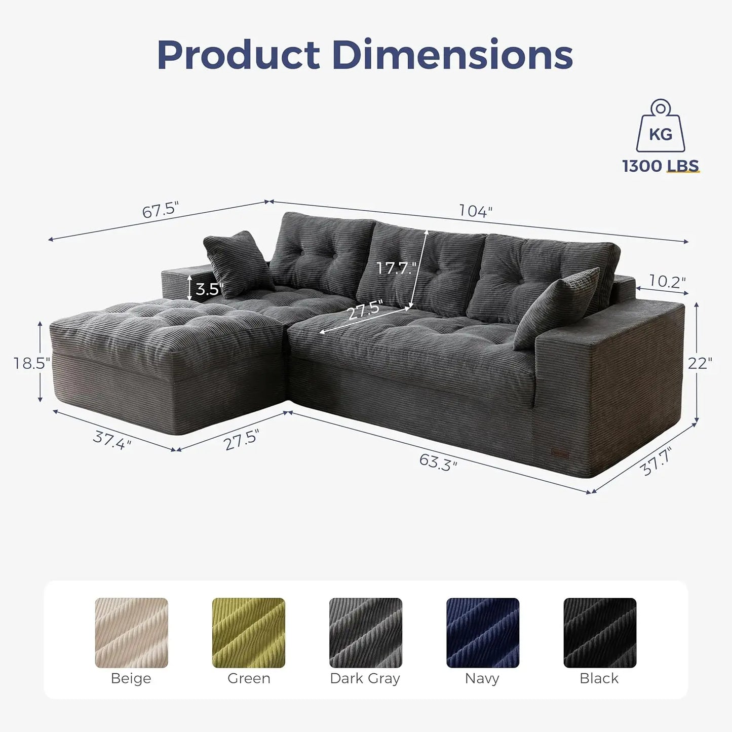 104 Inch L Shaped Modular Sectional Sofa With Ottoman Layered Cushions