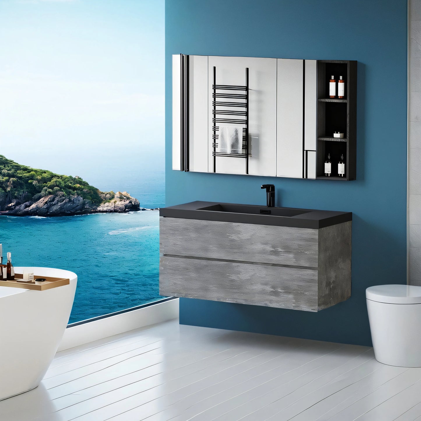 48 Inch Floating Bathroom Vanity With Sink Black Quartz Top