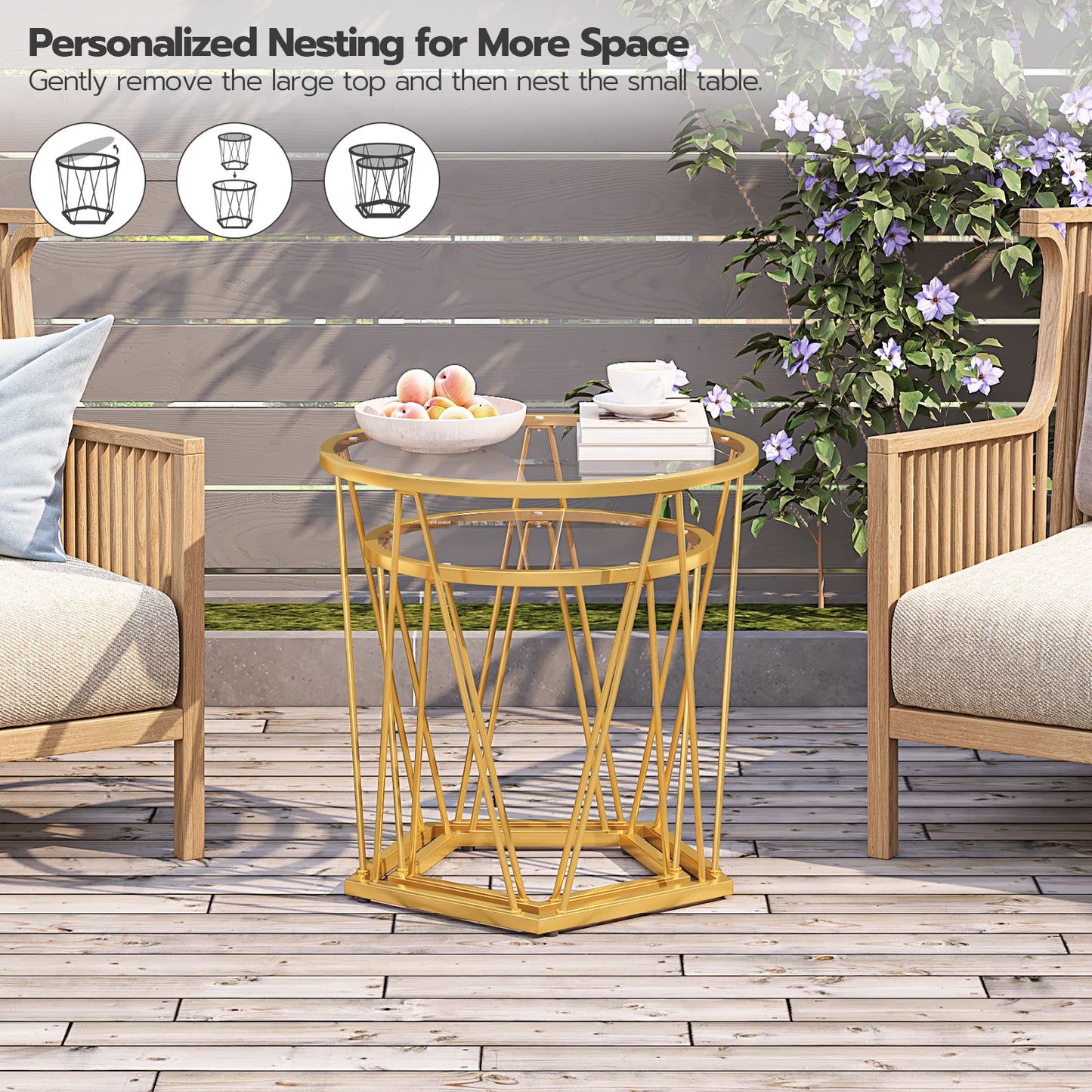 HOOBRO Modern Gold Round Glass Coffee End Tables Set of 2