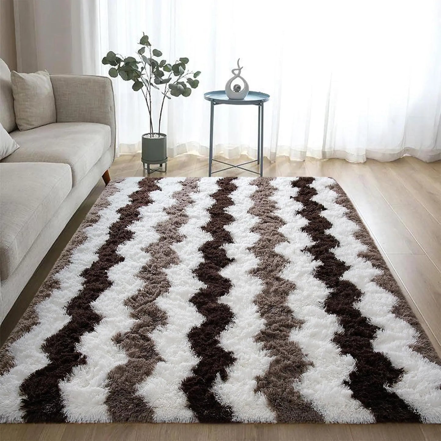 Soft Shaggy Rugs Plush Area Rugs for Living Room Bedroom Fluffy Carpets Home Decor 5x8ft Stripe Brown