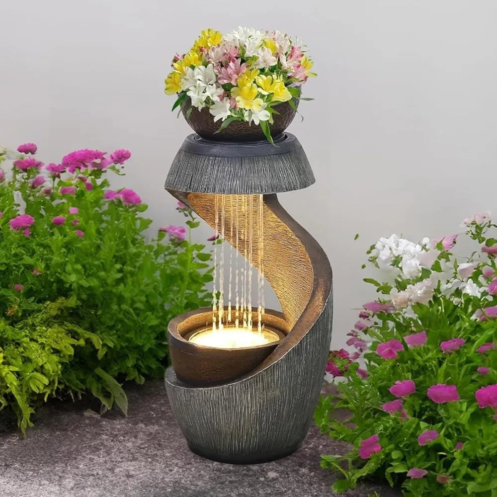 31.9 Inch S Shaped Outdoor Fountain With Led Lights