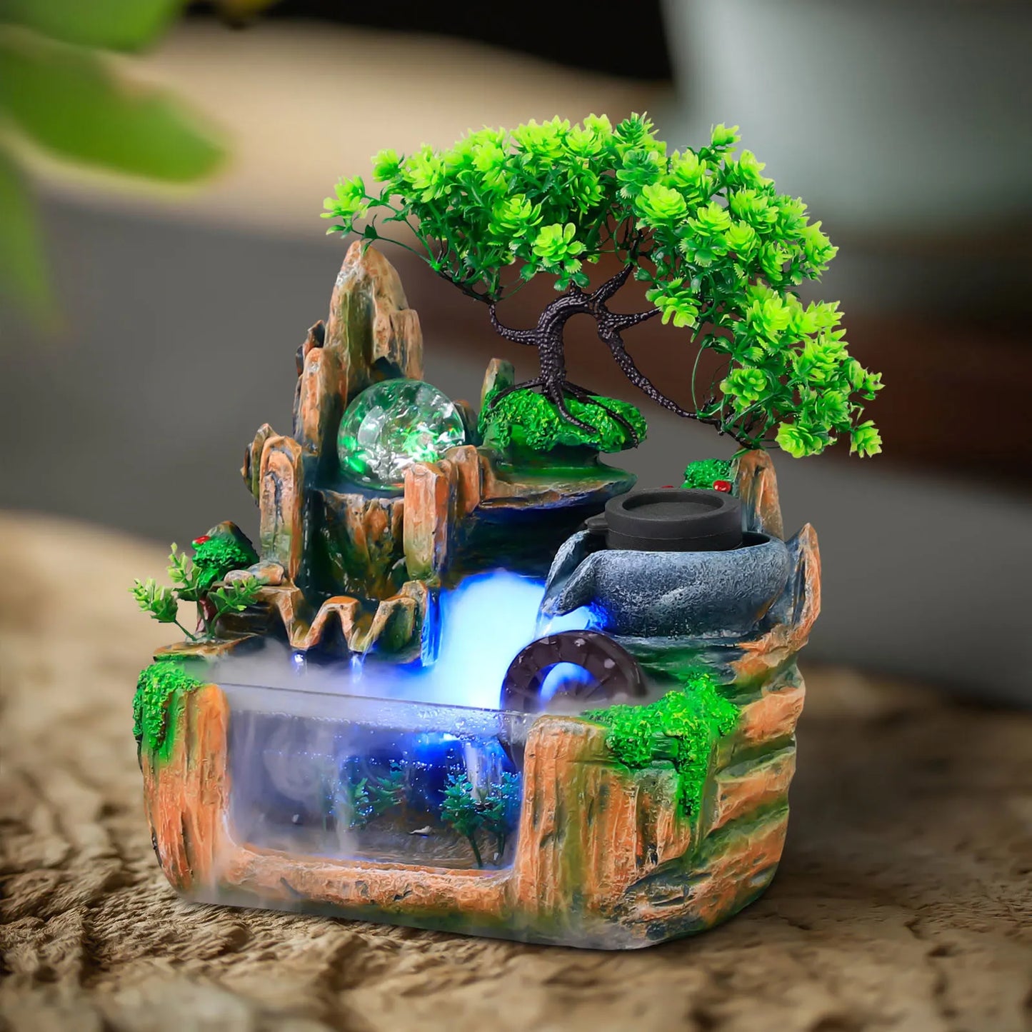 Bonsai Tree Rock Water Fountain Indoor Tabletop Waterfall with LED Light Home Decor and Office Gifts