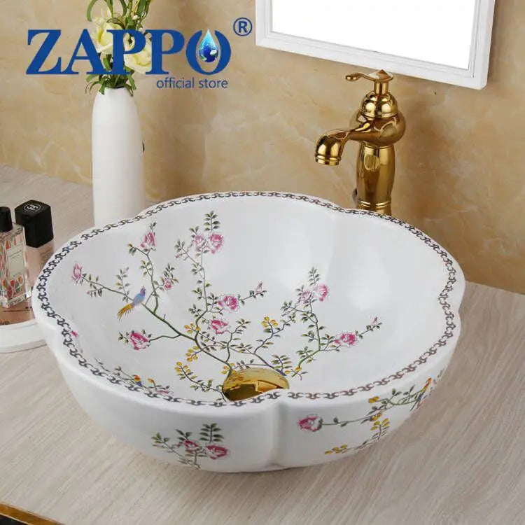 ZAPPO Ceramic Sink Above Counter Round Petal Pattern Faucet