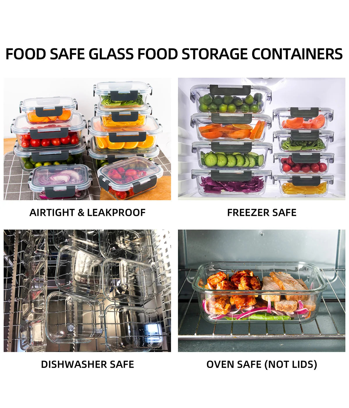 8 Piece Glass Food Storage Containers Set BPA Free Leakproof Microwave and Oven Safe 6 Sizes Borosilicate Glass Lock Lid
