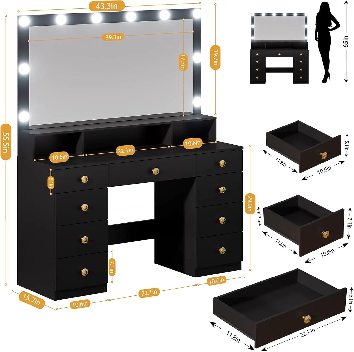Vanity Desk With Mirror And Lights Power Outlet Black With 9 Drawers And Shelf