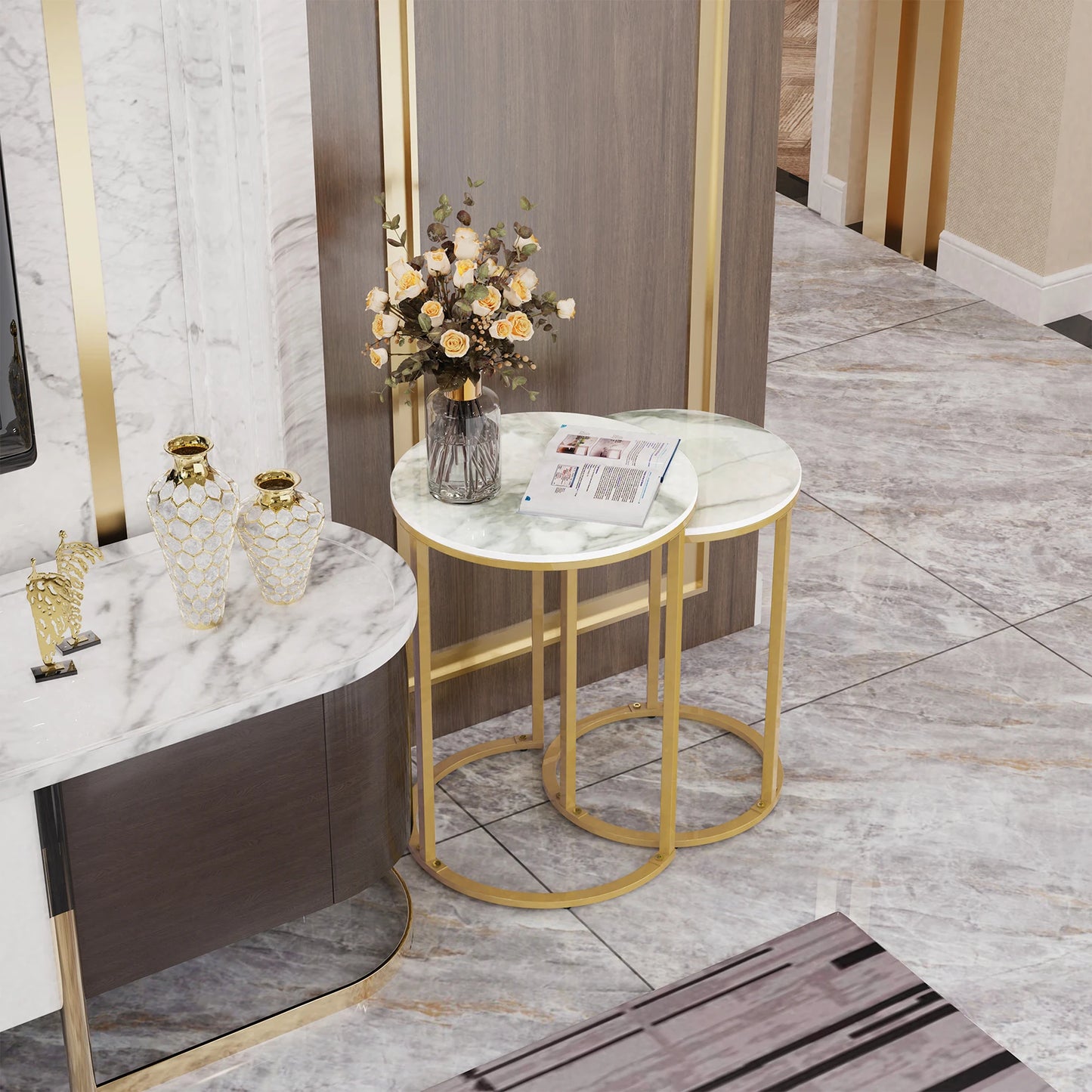 Set Of 2 Sintered Stone Round Nesting Tables Living Room