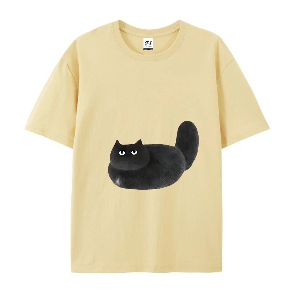 Womens Casual Black Cat Cartoon Print Short Sleeve TShirt Durable Machine Washable