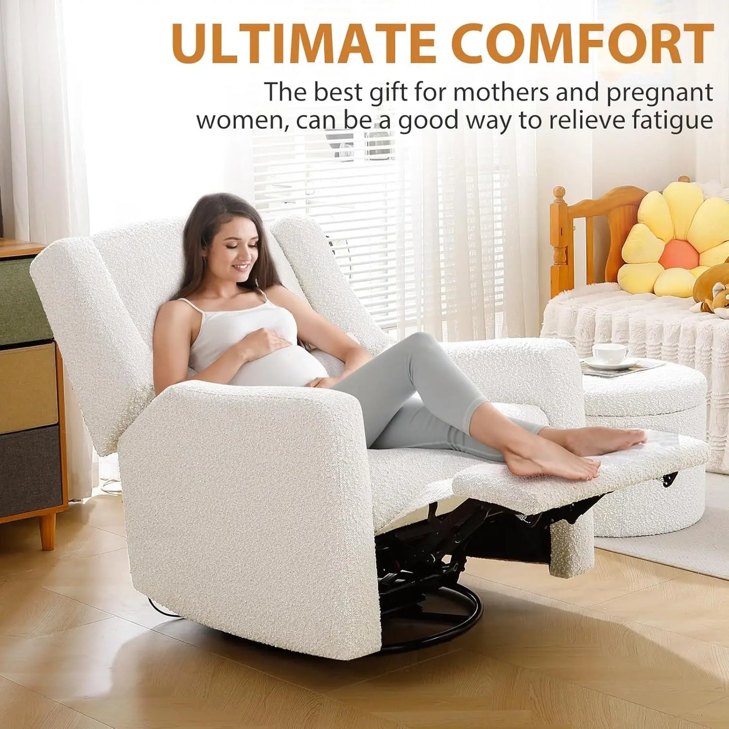 Power Recliner With USB Port Boucle Upholstered Large Swivel Rocker Recliner