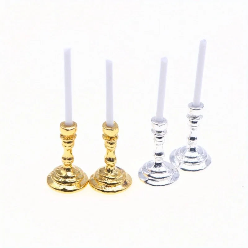 Set Of Miniature Golden Candle Holders For Dollhouse Decor