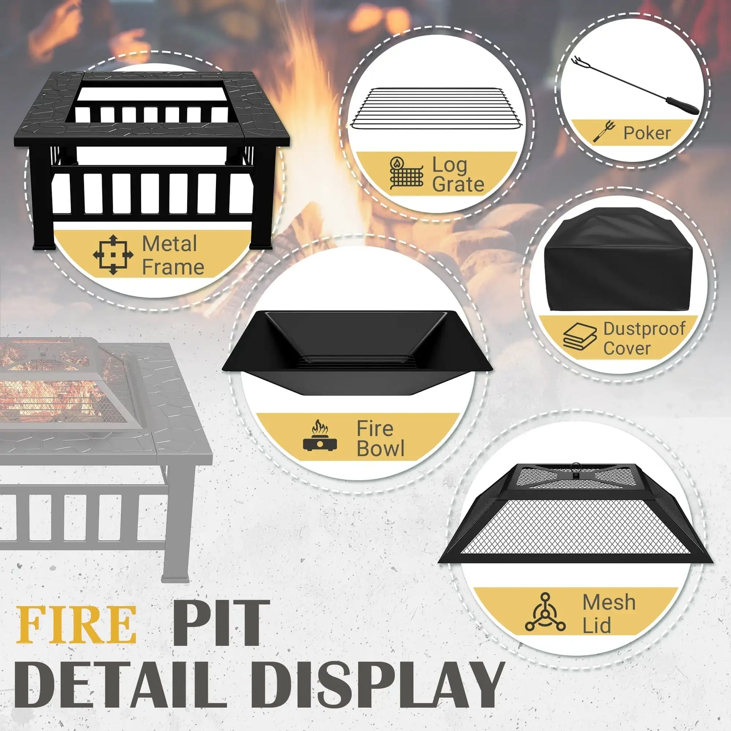 32 Inch Fire Pit Table Patio Ice Storage Mesh Lid Black