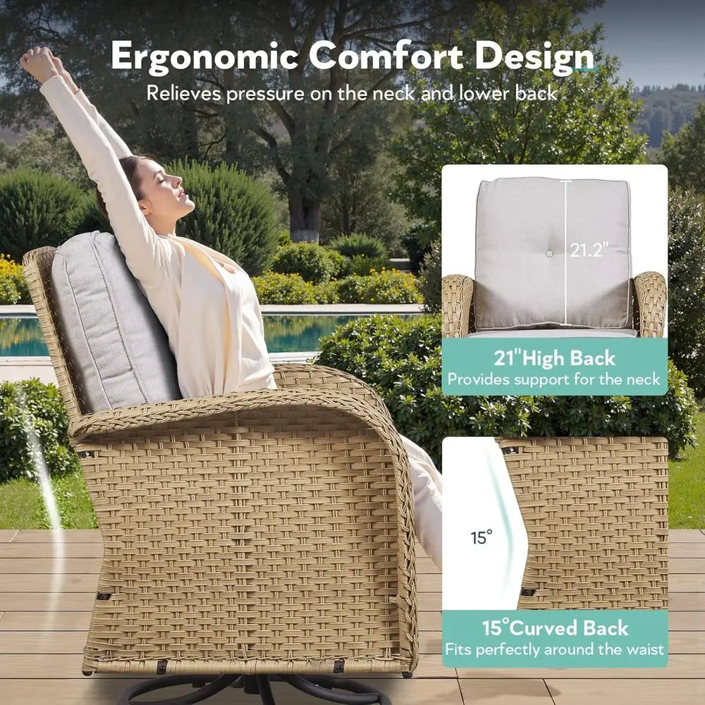 Four-Piece Patio Swivel Glider Rocker Set With Side Tables Beige Cushions