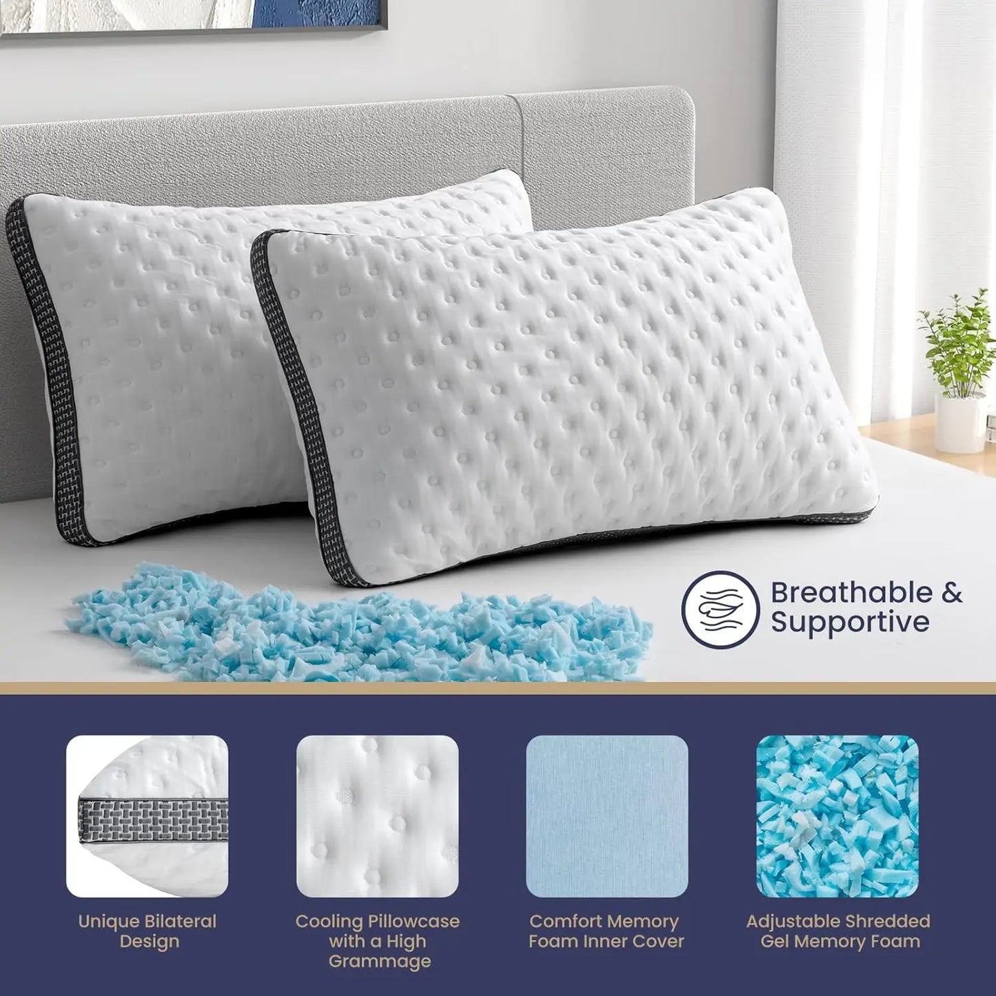 BedStory Cooling Pillows Queen Size Set of 2 Gel Memory Foam Pillows Medium Firm Pillows for Sleeping CertiPUR-US Certified