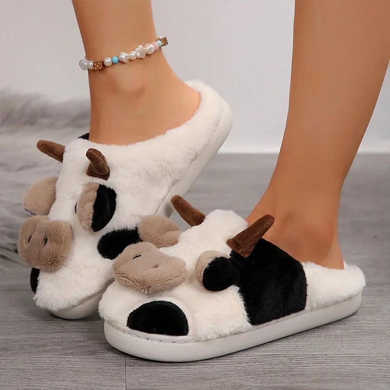 Ladies Winter Slippers Cute Cartoon Heart Animal Cow Fur Warm Anti Slip Indoor