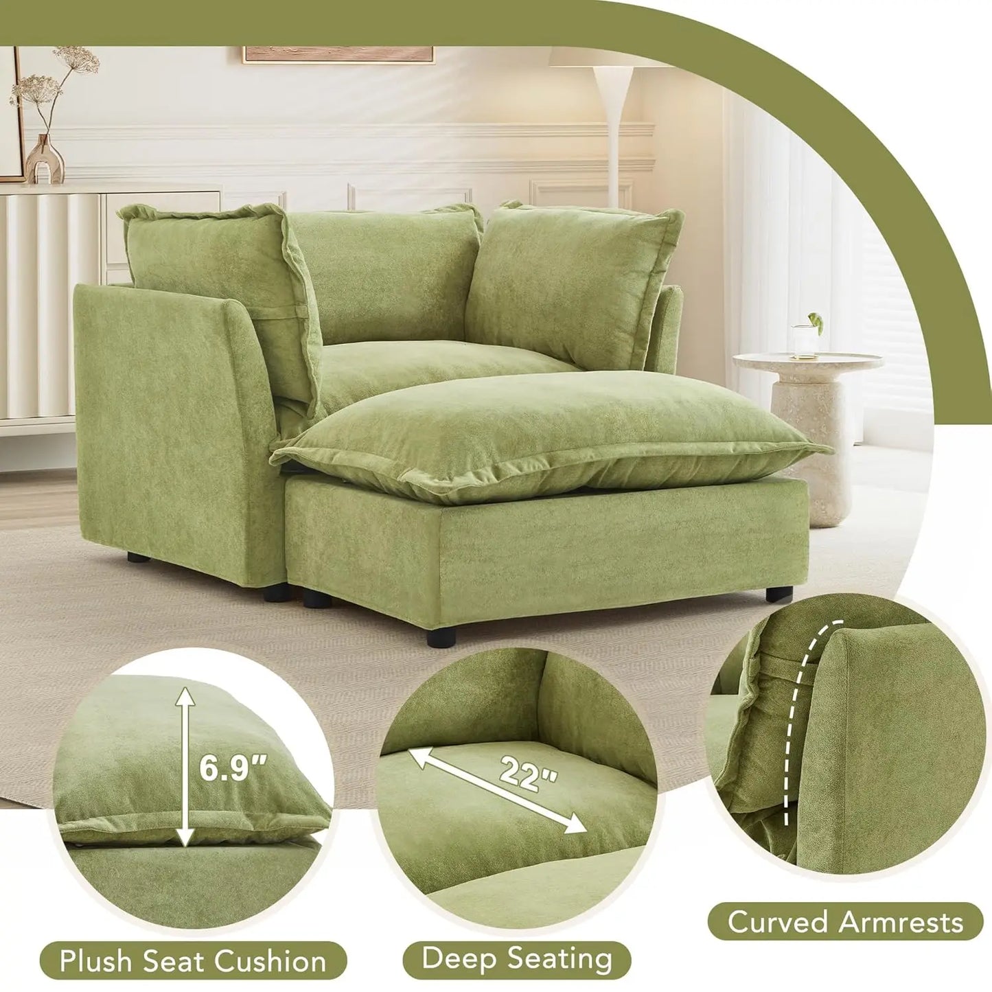 Modern Armchair Sofa With Ottoman 47 Inch Upholstered Wide Seat Curved Armrests