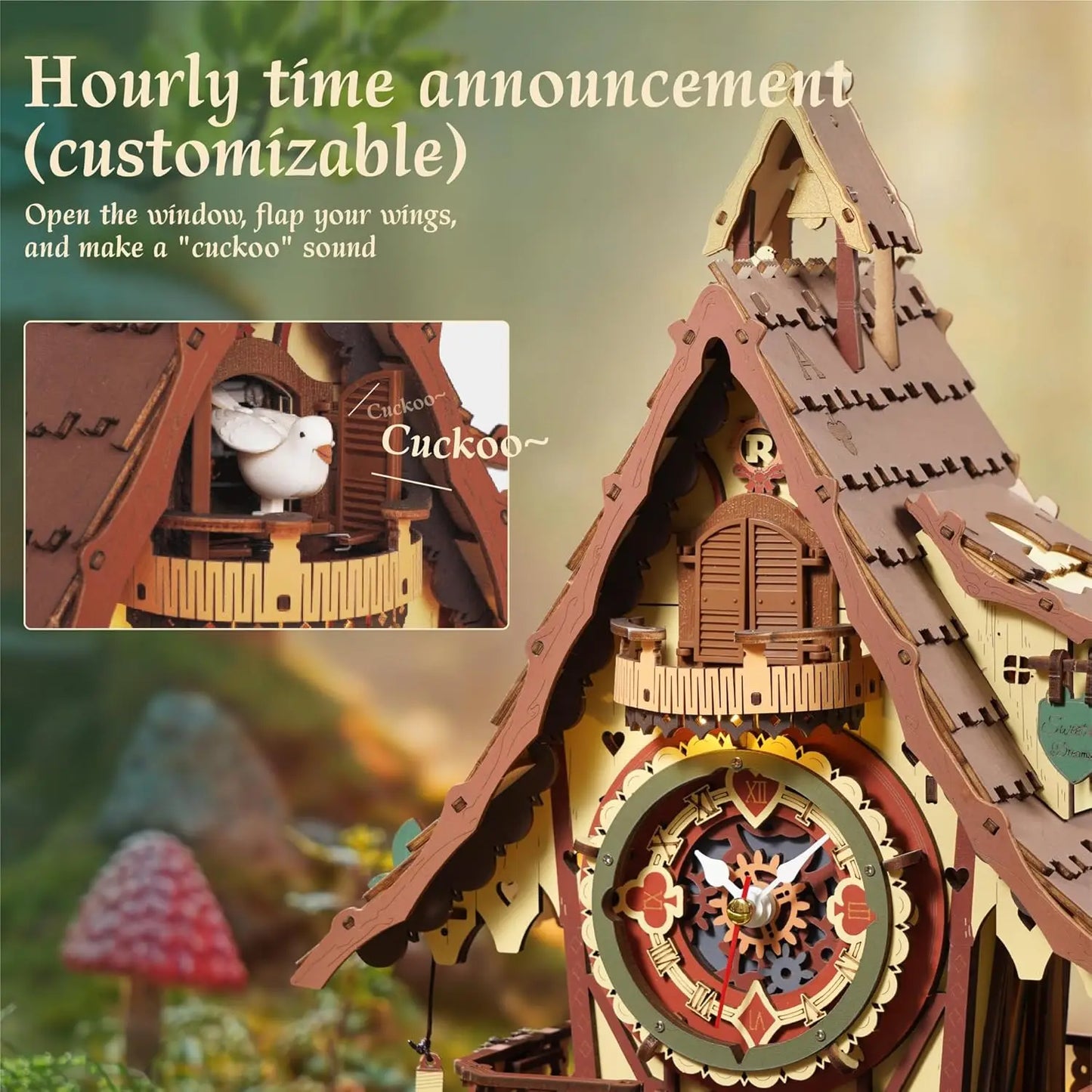 Robotime Rokr 3D Wooden Puzzle Cuckoo Clock Kit Black Forest Style Working Bird