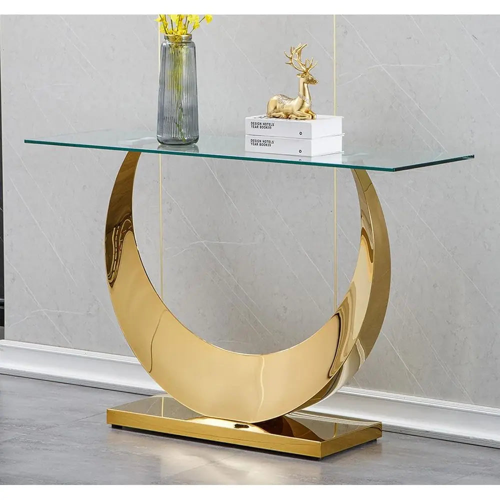 Elegant 47 Inch Slim Entryway Console Table With Tempered Glass And Gold Accents