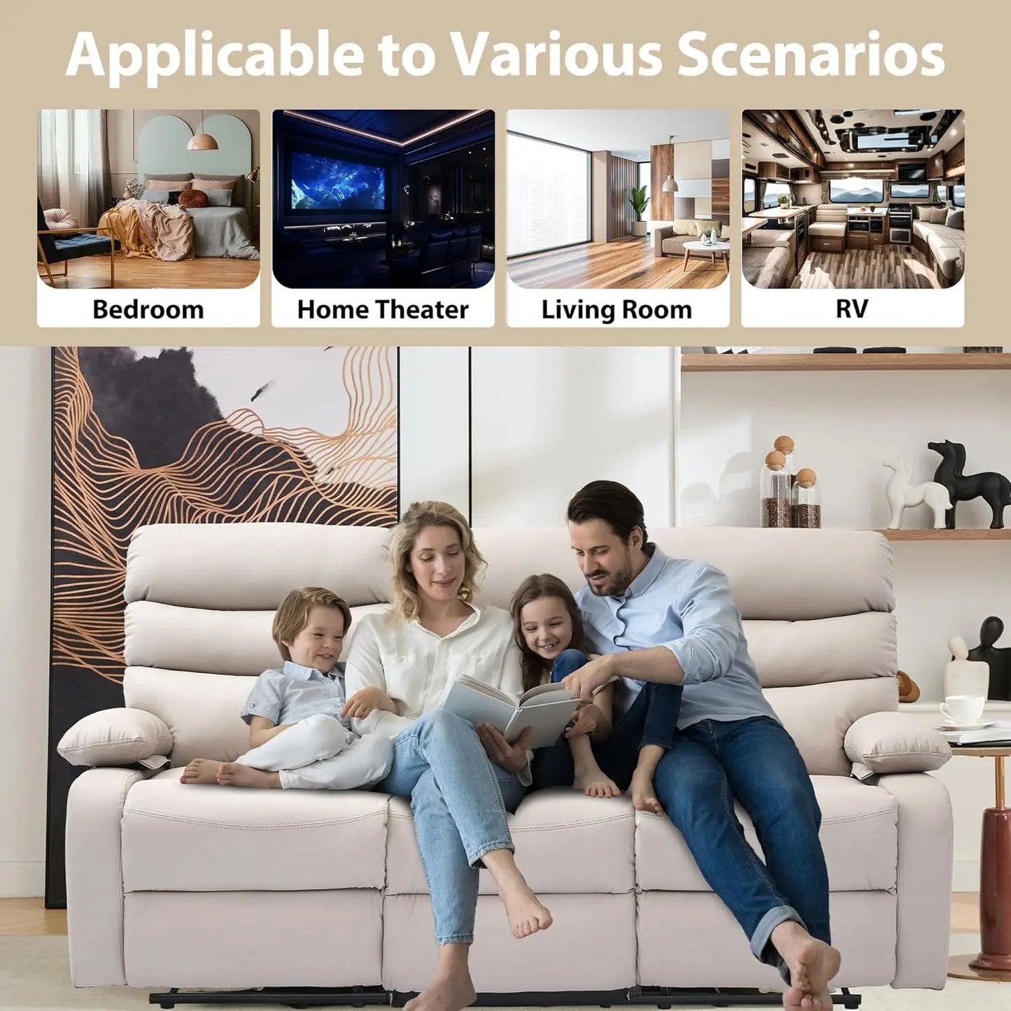 3 Seat Manual Reclining Leather Sofa With Overstuffed Arms Hidden Storage Beige