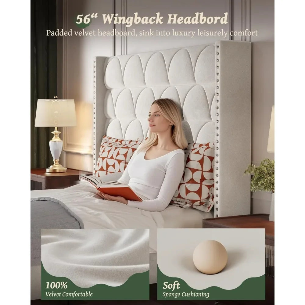 Silent Velvet Wingback Platform Bed Frame 56 Headboard