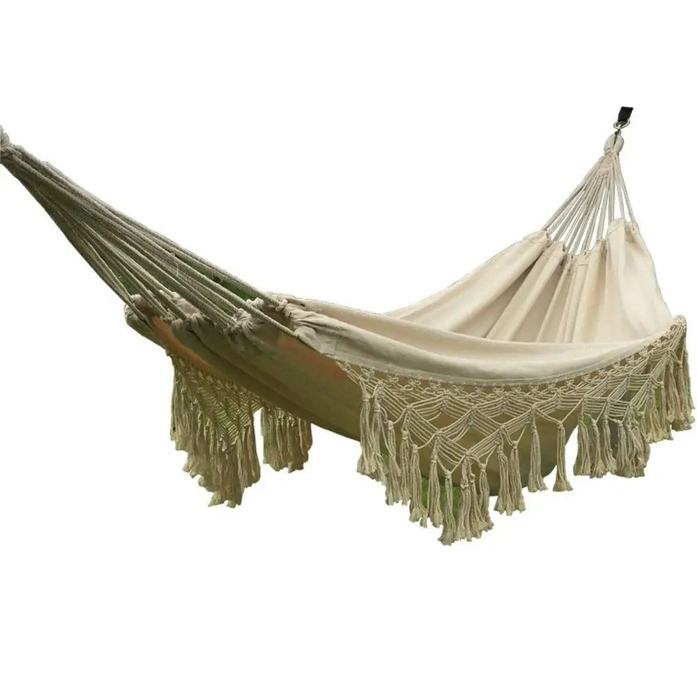 Cotton Woven Balcony Hammock Rope Chair With Crochet Fringe Outdoor Indoor