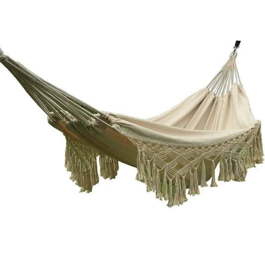 Cotton Woven Balcony Hammock Rope Chair With Crochet Fringe Outdoor Indoor