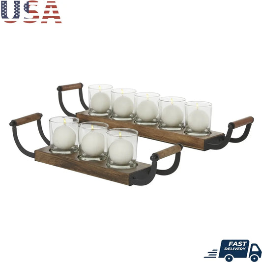 Eight Holder Wooden Tealight Candelabra Centerpieces Set Two