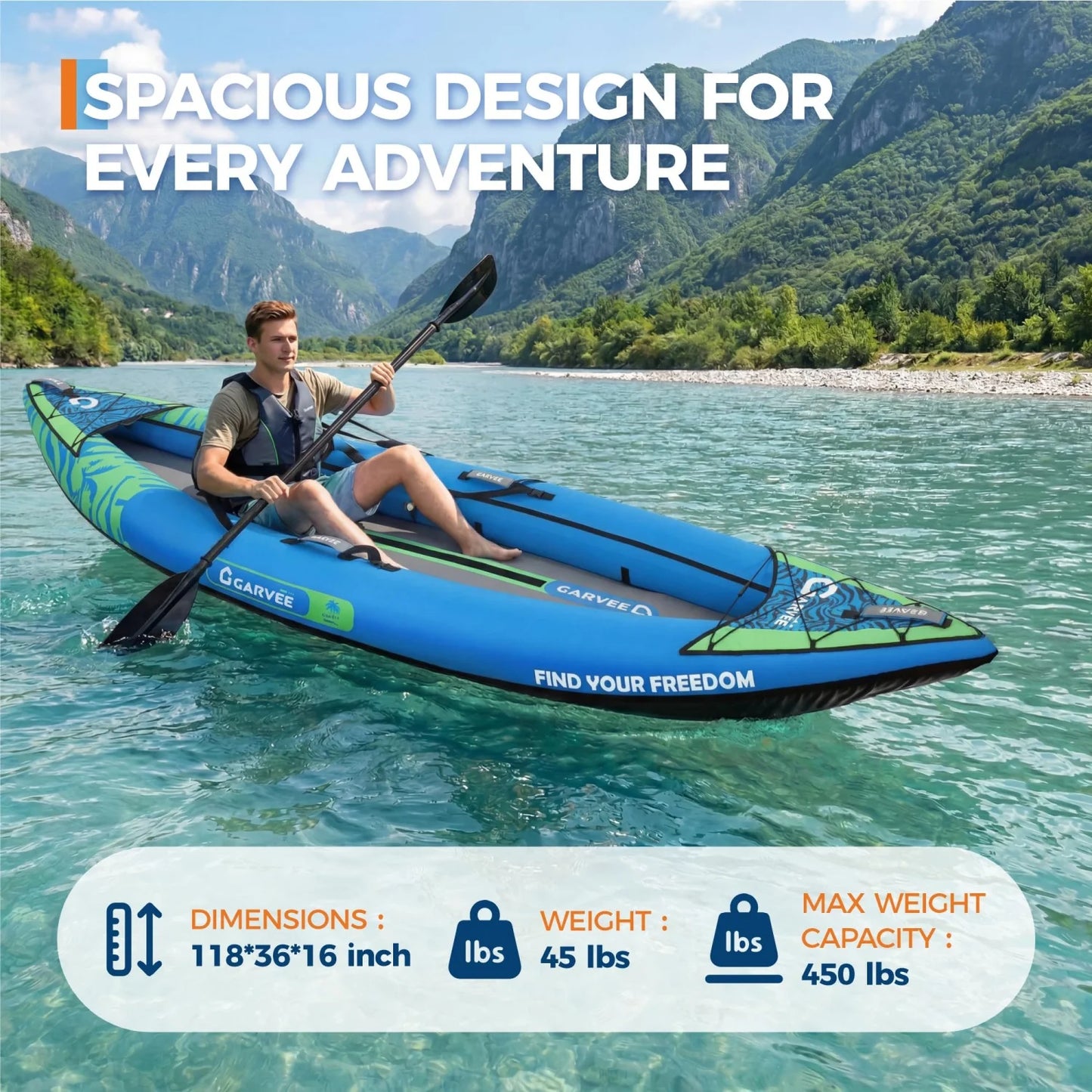 Two Person Inflatable Kayak For Fishing And Touring With Padded Seat And Fins
