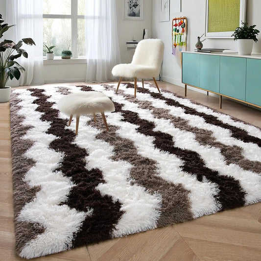 Soft Shaggy Rugs Plush Area Rugs for Living Room Bedroom Fluffy Carpets Home Decor 5x8ft Stripe Brown